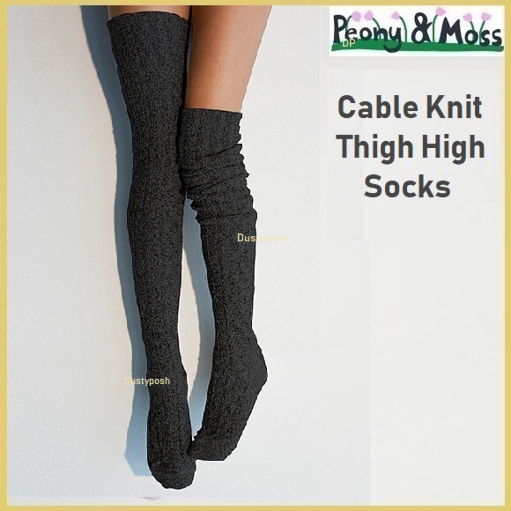 Peony and Moss Thigh High Cable Knit Over Knee Socks Anthropologie Black Grey
